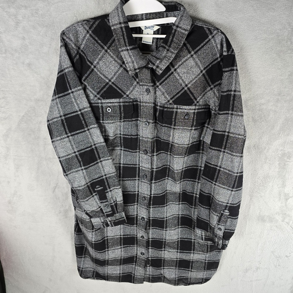 Duluth Trading Co Gray Black Plaid Flannel Tunic Shirt Womens XL 56464